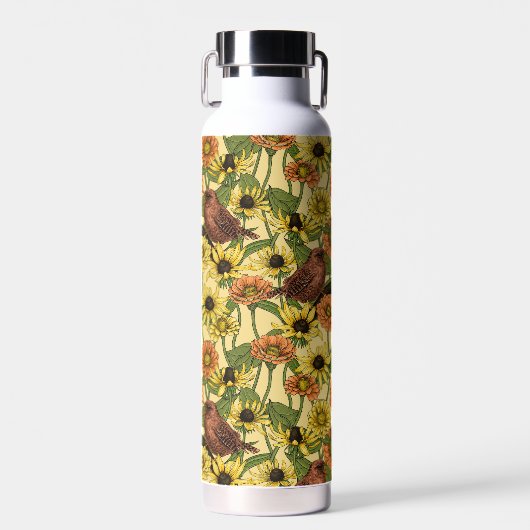Wrens en bloemetjes op bord geel waterfles (Voorkant)