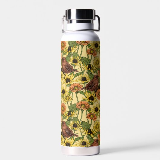 Wrens en bloemetjes op bord geel waterfles (Achterkant)