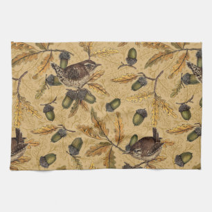Wrens en eikels op honing theedoek