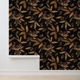 Wrens en eikels op zwart behang