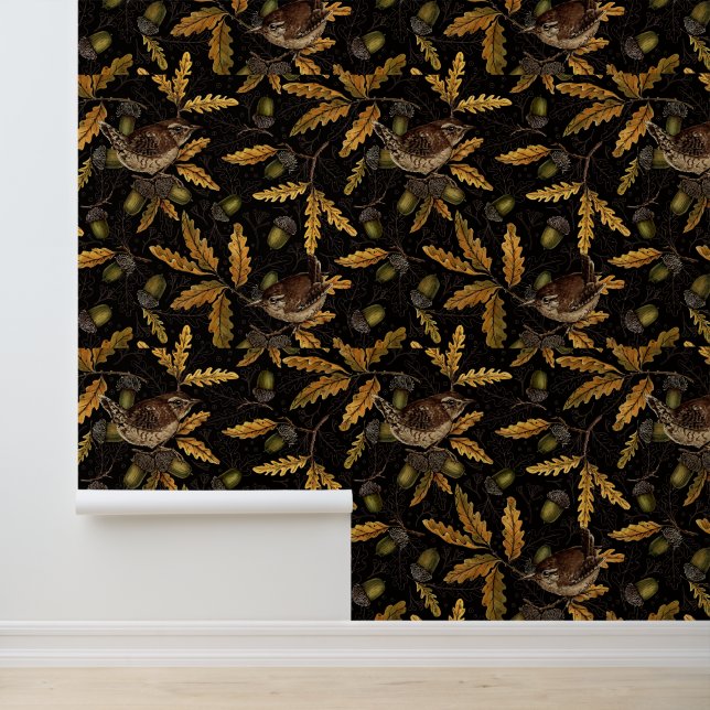 Wrens en eikels op zwart behang (Applicatie)