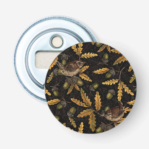 Wrens en eikels op zwart button flesopener