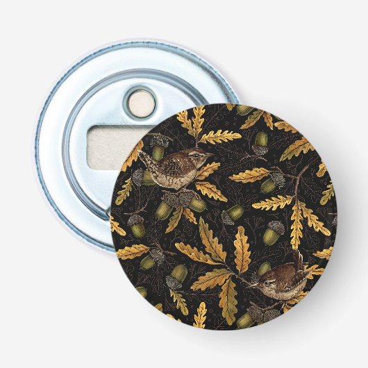Wrens en eikels op zwart button flesopener (Voorkant)