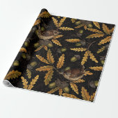 Wrens en eikels op zwart cadeaupapier (Uitgerold)