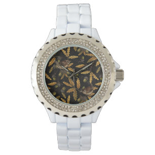 Wrens en eikels op zwart horloge