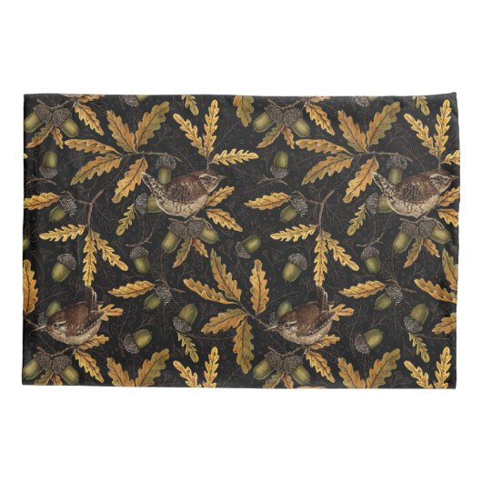 Wrens en eikels op zwart kussensloop (Achterkant-Links)