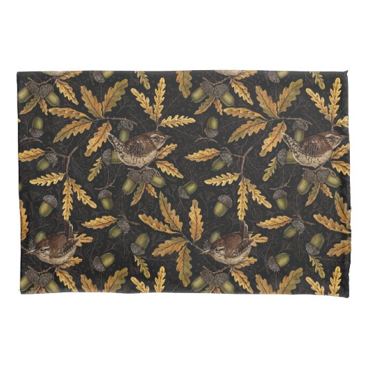 Wrens en eikels op zwart kussensloop (Voorkant-Links)