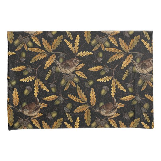 Wrens en eikels op zwart kussensloop (Voorkant-Rechts)