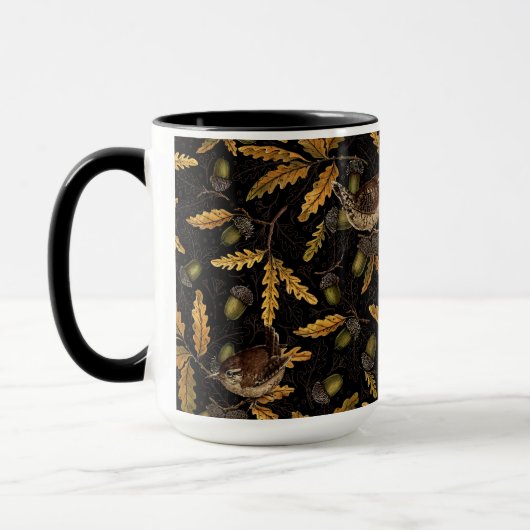 Wrens en eikels op zwart mok (Links)