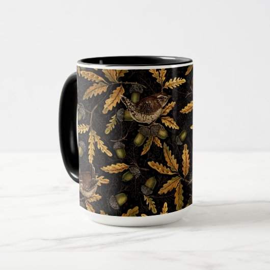 Wrens en eikels op zwart mok (Voorkant links)