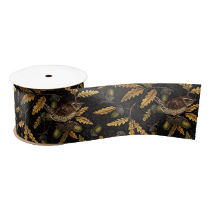 Wrens en eikels op zwart satijnen lint