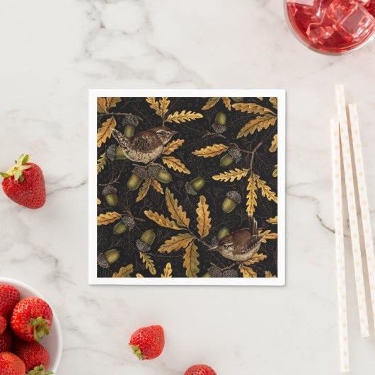 Wrens en eikels op zwart servet (Insitu)