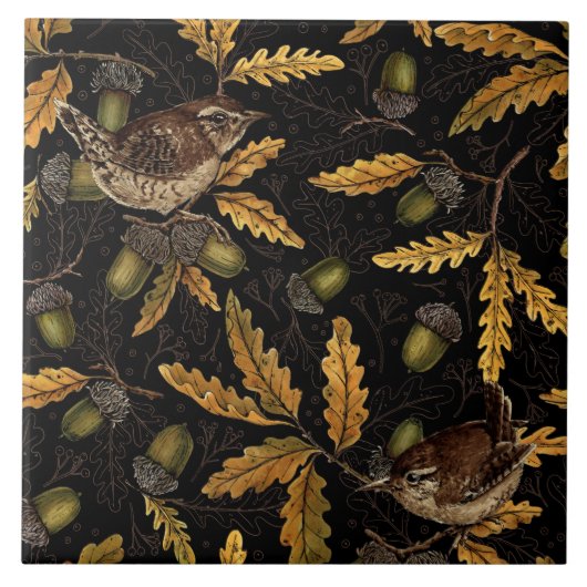 Wrens en eikels op zwart tegeltje (Voorkant)