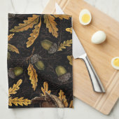 Wrens en eikels op zwart theedoek (Quarter Fold)