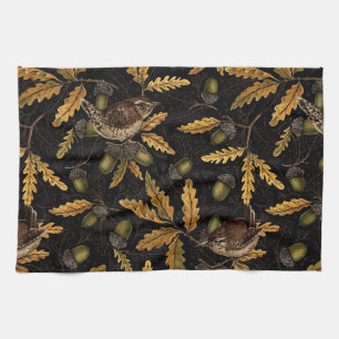 Wrens en eikels op zwart theedoek