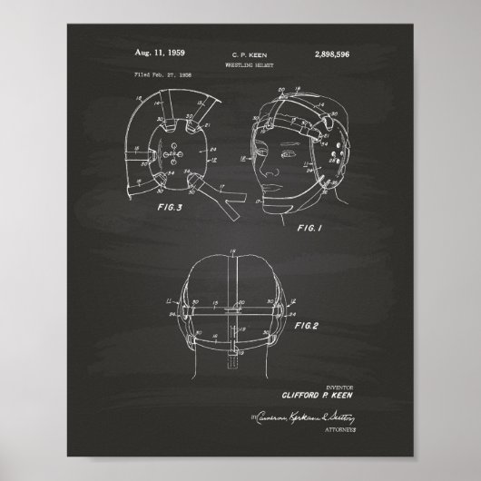 Wrestling Helmet 1959 Patent Art Chalkboard Poster (Voorkant)