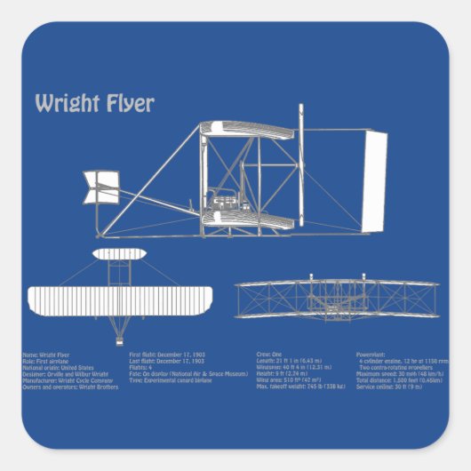 Wright Flyer - Vliegtuig Blauwdruk Tekenplannen AB Vierkante Sticker (Voorkant)