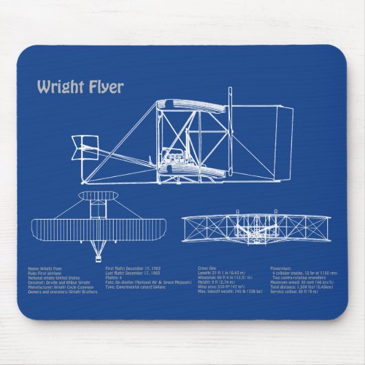 Wright Flyer - Vliegtuig Blauwdruk Tekenplannen AD Muismat (Voorkant)