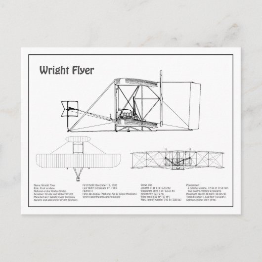 Wright Flyer - Vliegtuig Blauwdruk Tekenplannen BD Briefkaart (Voorkant)
