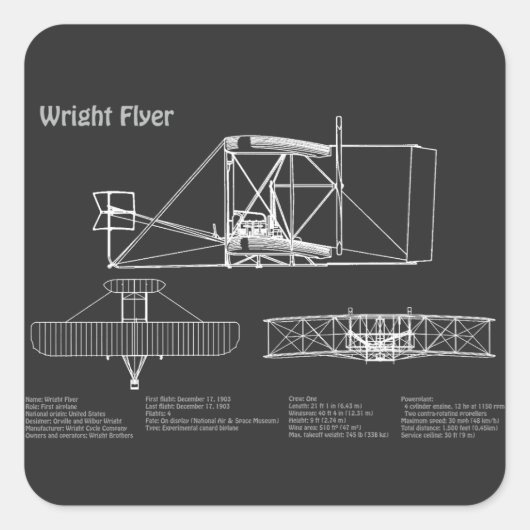 Wright Flyer - Vliegtuig Blauwdruk Tekenplannen PD Vierkante Sticker (Voorkant)