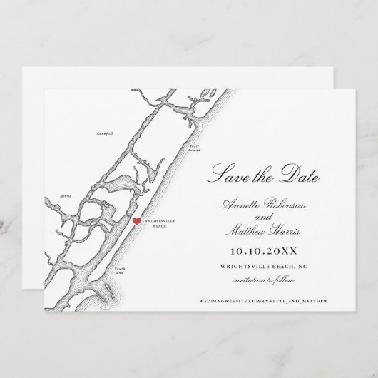 Wrightsville Beach NC Kaart Zwart en Wit Bruiloft (Voorkant / Achterkant)