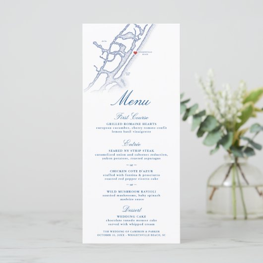 Wrightsville Strandkaart Elegante Navy Blue Weddin Menu (Staand voorkant)