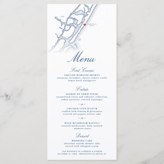 Wrightsville Strandkaart Elegante Navy Blue Weddin Menu (Voorkant)