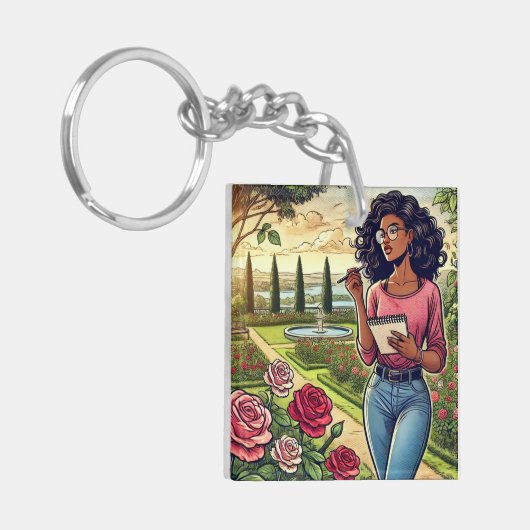 Writer in rose garden keychain (Voorkant Links)