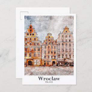 Wroclaw Polen Kunst Reizen Waterverf Hand getekend Briefkaart
