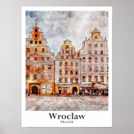 Wroclaw Polen Kunst Reizen Waterverf Hand getekend Poster