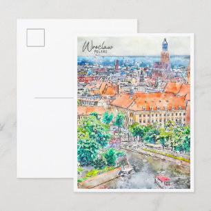 Wroclaw Polen vintage reizen waterverf Briefkaart