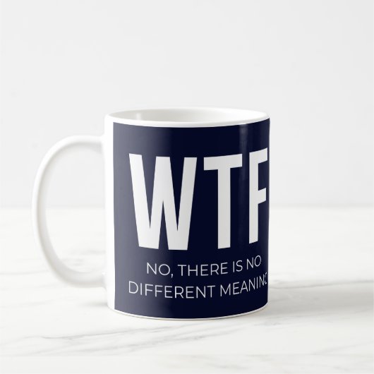 WTF minimalistisch typografisch ontwerp Koffiemok (Links)