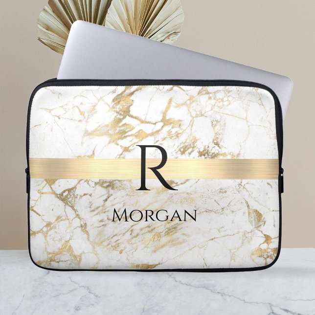 Wu & Gold Marble Gold Bar, DIY Black Name Monogram Laptop Sleeve (Creator heeft geüpload)