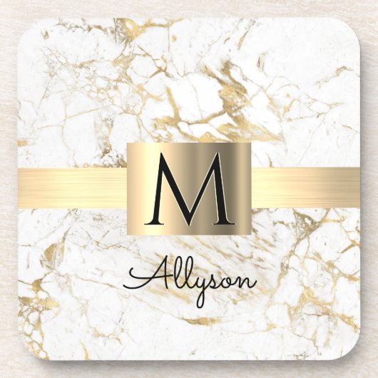 Wu & Gold Marble Gold Box, DIY Black Name Monogram Bier Onderzetter (Voorkant)