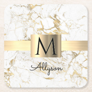 Wu & Gold Marble Gold Box, DIY Black Name Monogram Kartonnen Onderzetters