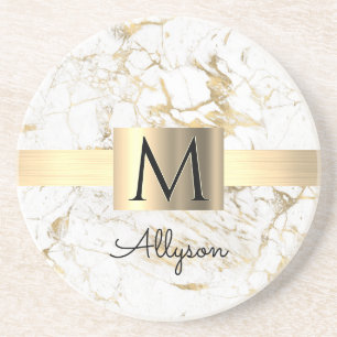 Wu & Gold Marble Gold Box, DIY Black Name Monogram Zandsteen Onderzetter