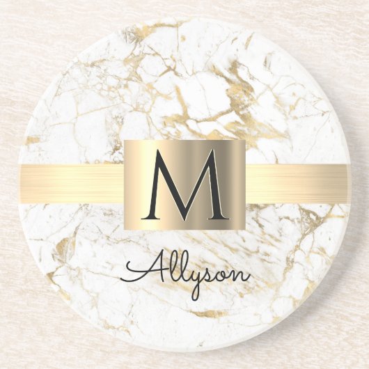 Wu & Gold Marble Gold Box, DIY Black Name Monogram Zandsteen Onderzetter (Voorkant)