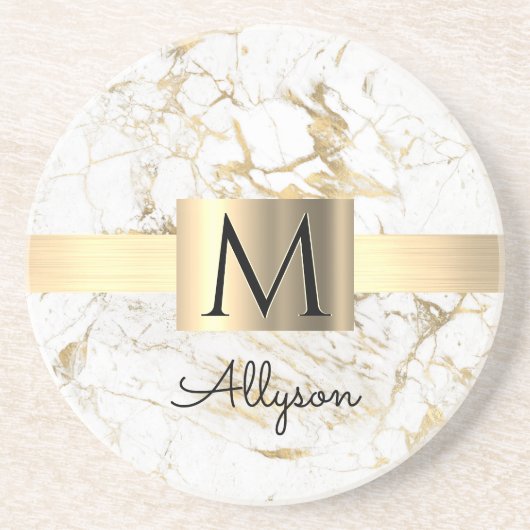 Wu & Gold Marble Gold Box, DIY Black Name Monogram Zandsteen Onderzetter (Voorkant)