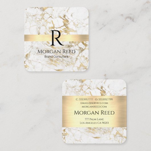 Wu/goudmarmer met goudstaaf, zwart, monogram Info Vierkante Visitekaartje (Voorkant / Achterkant)