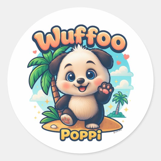 Wuffoo Poppi Cute Kawaii Puppy Tropical Island Ronde Sticker (Voorkant)