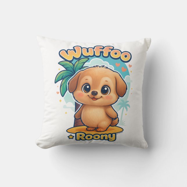 Wuffoo Roony Cute Kawaii Puppy Tropical Island Kussen (Voorkant)