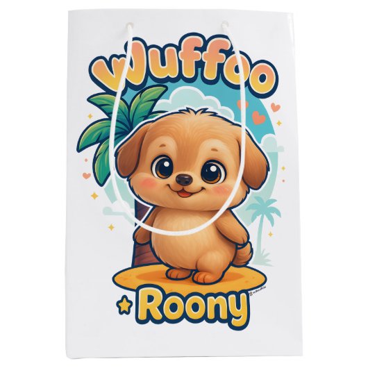 Wuffoo Roony Cute Kawaii Puppy Tropical Island  Medium Cadeauzakje (Voorkant)