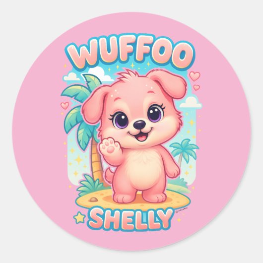 Wuffoo Shelly Kawaii Puppy Tropical Island Ronde Sticker (Voorkant)