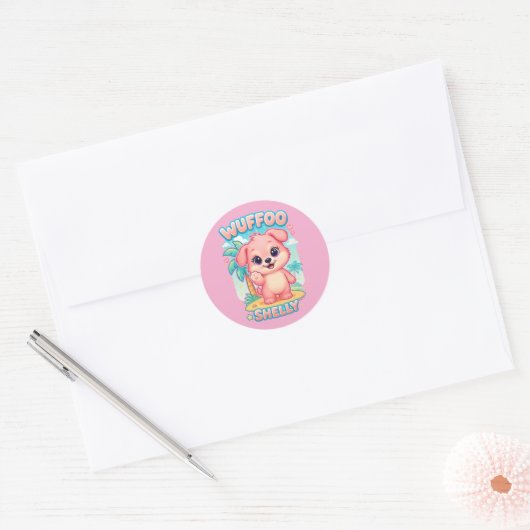 Wuffoo Shelly Kawaii Puppy Tropical Island Ronde Sticker (Envelop)