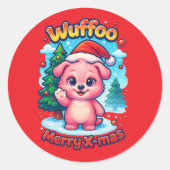 Wuffoo Shelly Merry X-mas Kawaii 3D Holiday Ronde Sticker (Voorkant)