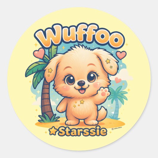 Wuffoo Starssie Kawaii Puppy Tropical Island Ronde Sticker (Voorkant)