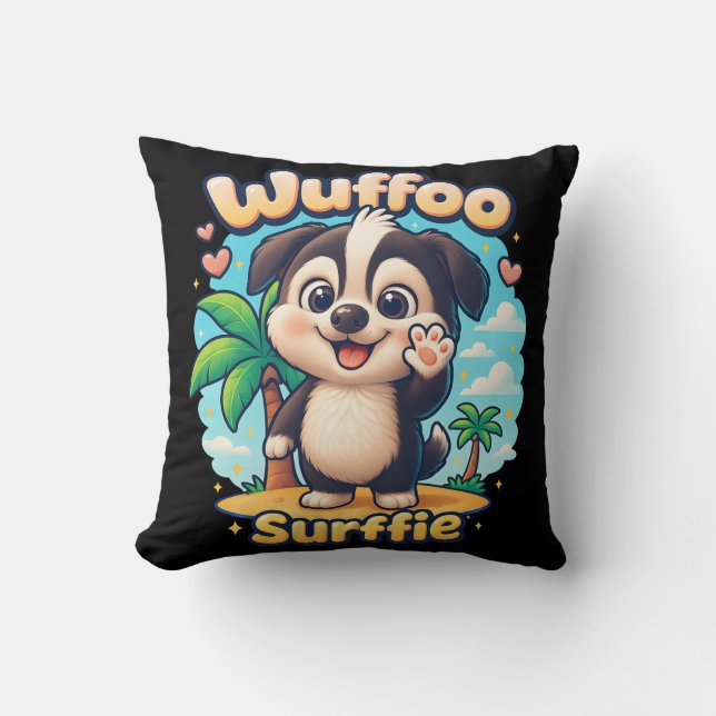 Wuffoo Surffie Cute Kawaii Puppy Tropical Island Kussen (Voorkant)