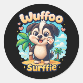 Wuffoo Surffie Cute Kawaii Puppy Tropical Island Ronde Sticker