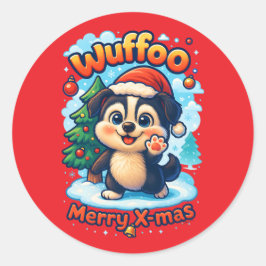 Wuffoo Surffie Prettig Kerstfeest Kawaii 3D Feestd Ronde Sticker