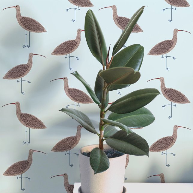 Wulp Vogels Kustpatroon Behang (Curlew coastal bird pale blue art peel and stick wallpaper)